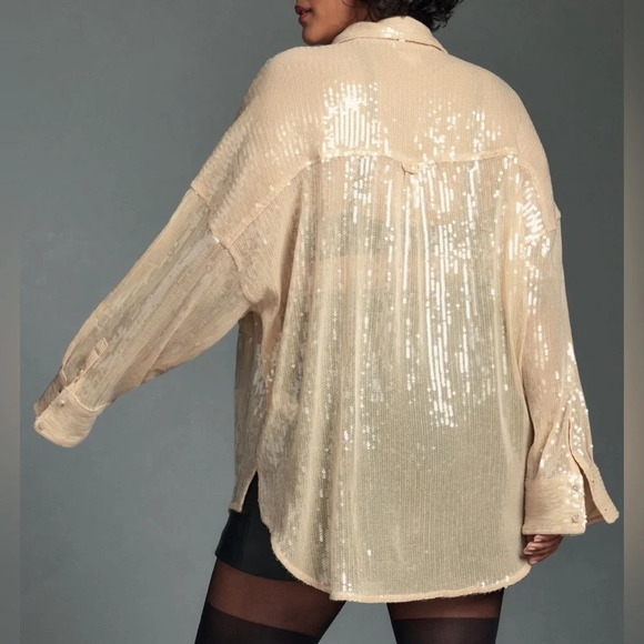 NWT Pilcro Anthropologie sold out spring ivory cream sequin button up shirt - Picture 6 of 7